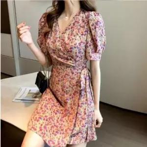 여름 플라워 A라인 랩원피스 반팔 LAP 퍼프 꽃무늬 원피스