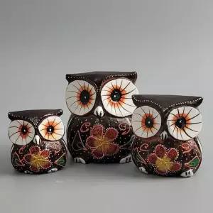 발리에서온 꽃분이 목각 부엉이 장식소품 3P 부엉이소품 선물 나무인형 장식인형