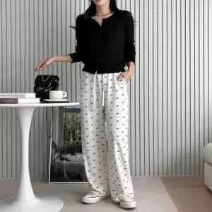 여성 일자팬츠 허리밴딩 리본 골지 바지 홈웨어 4색 (HSJ-WFH9AX1)