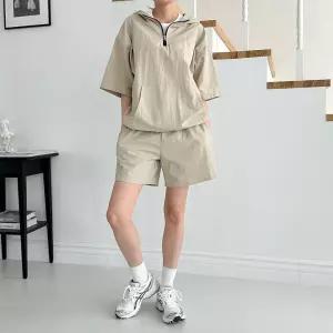 여성 캐주얼 후드 반팔 반집업 세트 아노락 여자 셋업