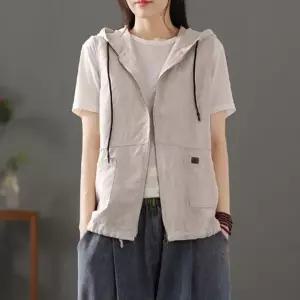 은창)린넨 후드 스트링 써클링 지퍼 조끼 여름 베스트