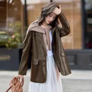 볼사스 여성용 가을 하프기장 가죽 캐쥬얼 PU가죽 코트 트렌치 슬림핏 ADOR3