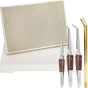 YIMITEE 6팩 주얼리 납땜 키트 벌집 세라믹 용접 보드가 있는 용접기 플레이트 구리 통 잠금 핀셋 3개 금속