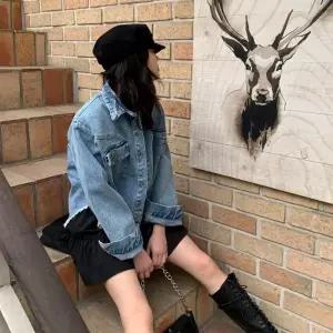 여자 빈티지 컷팅 언발 세미 크롭 청자켓