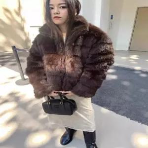 여성용 빈티지 가죽 재킷 슬림핏 그라데이션 뽀글이 차이나 숏 코트 라이크 퍼 패딩 원픽1