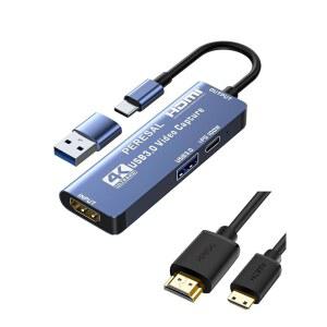 12인치 미니 HDMI 케이블 PD 100W USB3.0 포트가 장착된 USB 3.0 비디오 캡처 카드 4K 60FPS 퀘스트 3 스위치 PS5/4 카메라 태블릿 PC용 HDMI to USB-A / USB-C 캡처 카드