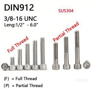 3/8-16 UNC DIN912 SUS304 스테인리스 스틸 육각 소켓 너클 캡 헤드 스크류 앨런 볼트 전체/부분 나사산