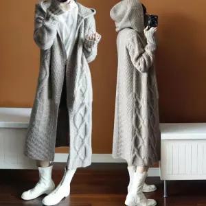 후드가디건 롱기장 따듯한 아우터 꽈배기 패턴 코디