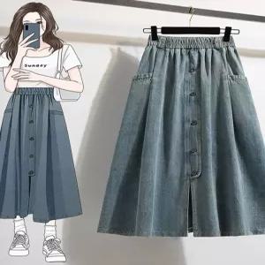 빅사이즈 청치마 여자 데님스커트 워싱 밴딩 캐주얼 스커트 봄가을 데님