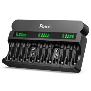 POWXS 충전식 AA AAA 9V 배터리 충전기 1800MA 고속 12베이 독립 1.2V NI-MH NI-CD 및 9V(AC 케이블 포함)