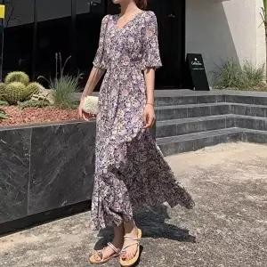 40대여름원피스 아레니아 여름 원피스 여성 꽃무늬 반팔 쉬폰 롱 휴양지 엄마 캐주얼 바캉스 여자 K1863