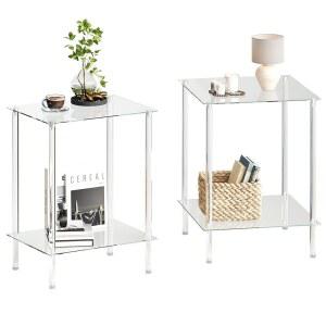 강화 유리 사이드 투명 2단 단순함 선반 테이블 세트 수납 엔드 작은 스탠드 2개와 침대