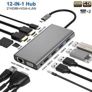 USB C 허브 트리플 디스플레이 듀얼 모니터 어댑터 노트북 ~ 2 HDMI 4K VGA 이더넷 100W PD 오디오(MacBook
