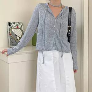 여자 라운드넥 스트랩 세미크롭 린넨 가디건