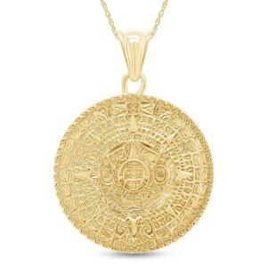 아즈텍 마야 남성용 태양력 참 펜던트 목걸이 14K 골드 도금 925 스털링 실버 메달리온 18인치 로프 체인 포함