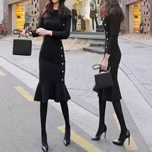 루즈핏니트 F69401 슬림핏 밑단프릴 롱니트원피스 하객룩 오피스