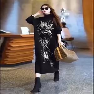 반폴라 LF35300 빅 플라워 루즈핏 하이넥 롱 니트 원피스