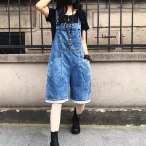 데님 멜빵 반바지 청바지 포켓 롤업 점프수트 캐주얼룩 데일리 레이어드패션