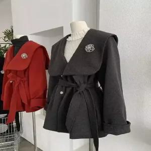 마킷5 하프 모직 코트 코사지 따스한 워머 세일러카라 긴팔 여성코트 레이스업 JEN1