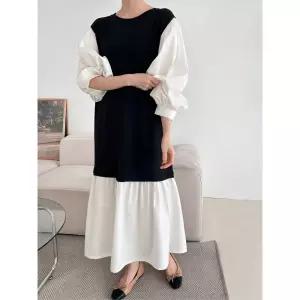 빅사이즈 왕 퍼프 롱 원피스 ar24121셔링 공주룩 가을 레이스 카라 주름 긴팔 봄임부복