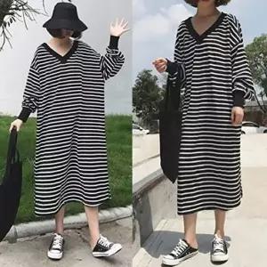 빅사이즈니트원피스 F0498 V넥 루즈 스트라입 니트 롱 원피스 단가라