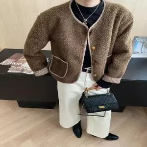 마킷5 빈티지 여사친 모피코트 레이어드 체크 램스울 라운드넥 워머 코트 JEN1