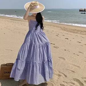 쉬폰원피스 휴양룩 바캉스 스트라이프 패턴 끈나시 롱원피스