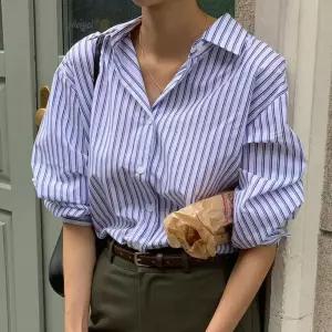 세로 스트라이프 셔츠 깔끔핏 오픈클로징 직장인 출근룩 패션깔끔한셔츠 카라 블루 긴팔 캐주얼 여성