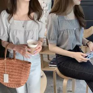 여성 스퀘어넥 셔링 체크 패턴 반팔 URK-349여자남방 셔츠 블라우스