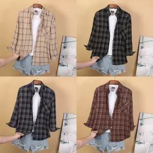 여성 체크무늬 데일리 베이직 셔츠 남방여자 긴팔 기본 세미 배색 용셔츠