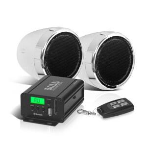 BOSS 오디오 시스템 MC520B 3인치 오토바이 스피커 및 앰프 스테레오 사운드 - 블루투스 내후성 풀레인지 2채널 무선 리모컨 ATV UTV와 함께 사용하기