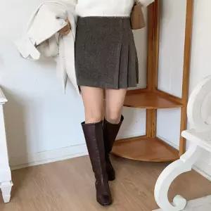 여자 헤링본 하프 플리츠 울 미니 스커트
