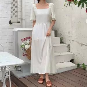 여자 스퀘어넥 허리 스트랩 페미닌 플레어 롱원피스