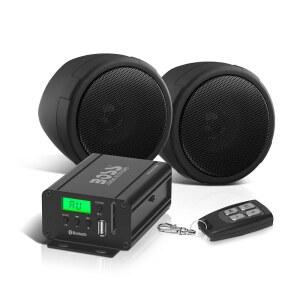 BOSS 오디오 시스템 MCBK520B 모터사이클 3인치 스테레오 스피커 및 앰프 사운드 - 블루투스 2채널 내후성 FM 튜너 USB SD 보조 입력 ATV UTV 호환