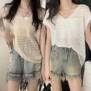 여자 여름 휴양지 바캉스 레이어드 펀칭 니트 조끼귀여운 캐주얼 여성 베스트 니트티 롱쪼끼 통풍
