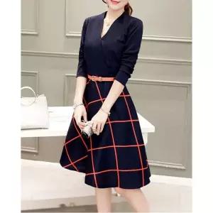 여성 봄 간절기 레드 라인 허리 벨트 브이넥 원피스기본 면혼방 간원피스 베이직 예쁜 하객패션 단정한 여