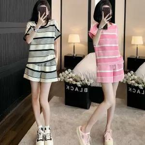 여성 캐주얼 데일리 홈웨어 외출 스트라이프 상하세트레이닝복 반팔반바지 편한 티셔츠 의세 니셋트 캠핑룩