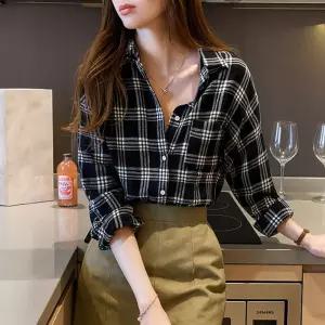 체크 셔츠 남방 여성 긴팔 슬림핏 베이직 기본 카라 아우터 간절기 가을 블랙 모노톤 겨울 오피스룩 데일리