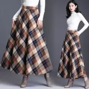 체크 무드 울 혼방 겨울용 여성 롱 스커트 모직 치마 보온 가을