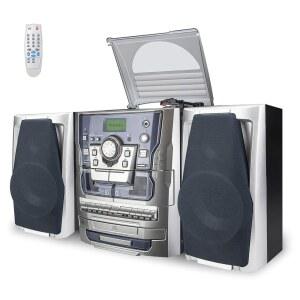 HONGUT 블루투스 바이닐 스테레오 레코드 플레이어 듀얼 카세트 덱이 장착된 3단 턴테이블 CD 음악 시스템 리모컨이 디지털 알람 시계 FM 라디오 코딩 테이프