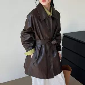 모던무드 다크브라운 벨트 레더자켓 하프트렌치페이크 봄자켓 가을아우터 여성 코트 루즈핏 시크 데일리룩