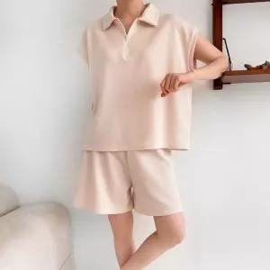 빅사이즈 집업카라 반팔티 숏팬츠 세트다솜결예쁜반바지 밴딩 짧은 여성 여름