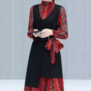 여성 중년 프릴 레이어드 롱 쉬폰 조끼 원피스 세트 긴팔 치마 원피스쉬 쉬원피스