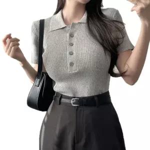 슬림핏 골지 카라 반팔 니트티 블랙 데일리룩팔 셔츠 핏탑 여름 하객코디 꾸안꾸 여친 상의