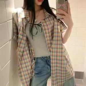 반팔 셔츠 긴 기장 체크 포켓 롤업 패션 남방 패턴여자정장블라우스 하객 둥근카라 자켓형 광택 면접 실키