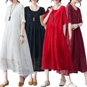 여성 여름 시스루 오버핏 루즈 반팔 레이스 롱 원피스 치마 박시