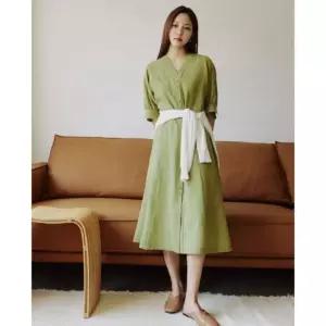 [올리비아로렌]올리비아로렌 sh06 린넨 브이넥 플레어 원피스 VOCOA5M4341 (48787882)