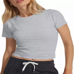 여성용 Fioboc 운동 크롭탑 슬림핏 반팔 티 체육관 러닝 요가 캐주얼 타이트 셔츠 XS-2XL