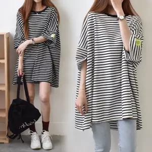 얼룩무늬 스트라이프 여성 롱 반팔티 오버핏 데일리