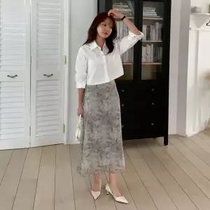 [하프클럽/]여자 뒷밴딩 수채화 쉬폰 에이라인 롱스커트